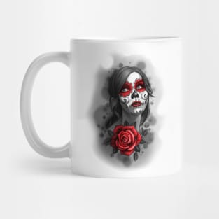 Day of the Dead Girl Red Makeup and Rose Pencil Sketch Mug